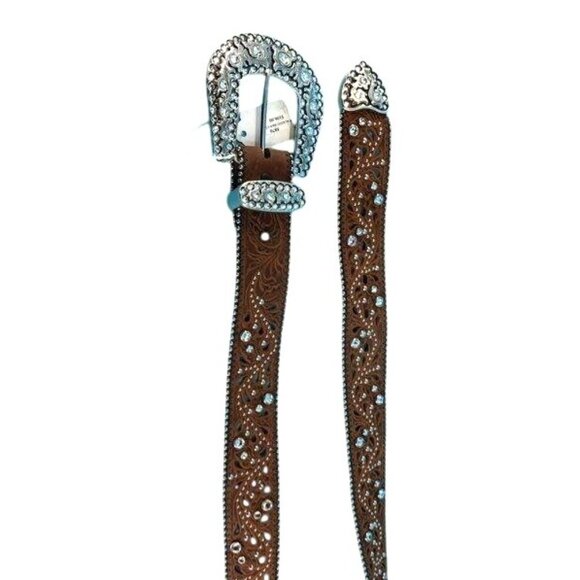 Justin Western Style Leather Belt With Silver Rhinestone Buckle & Floral Cutouts - Picture 7 of 10